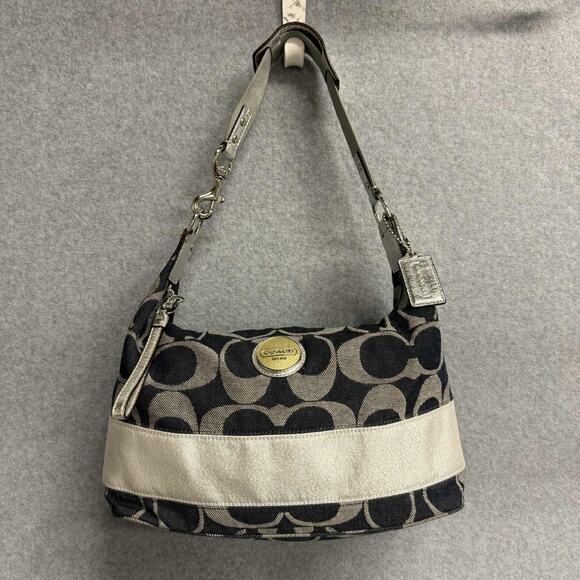 Coach Carly Signature Blue Denim Silver Stripe Canvas Hobo Satchel Purse F17434 - Picture 1 of 16